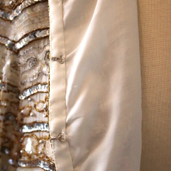 80s Evening Jacket Beads Sequins 100% Silk Ivory Gold Women's - Picture 9 of 16